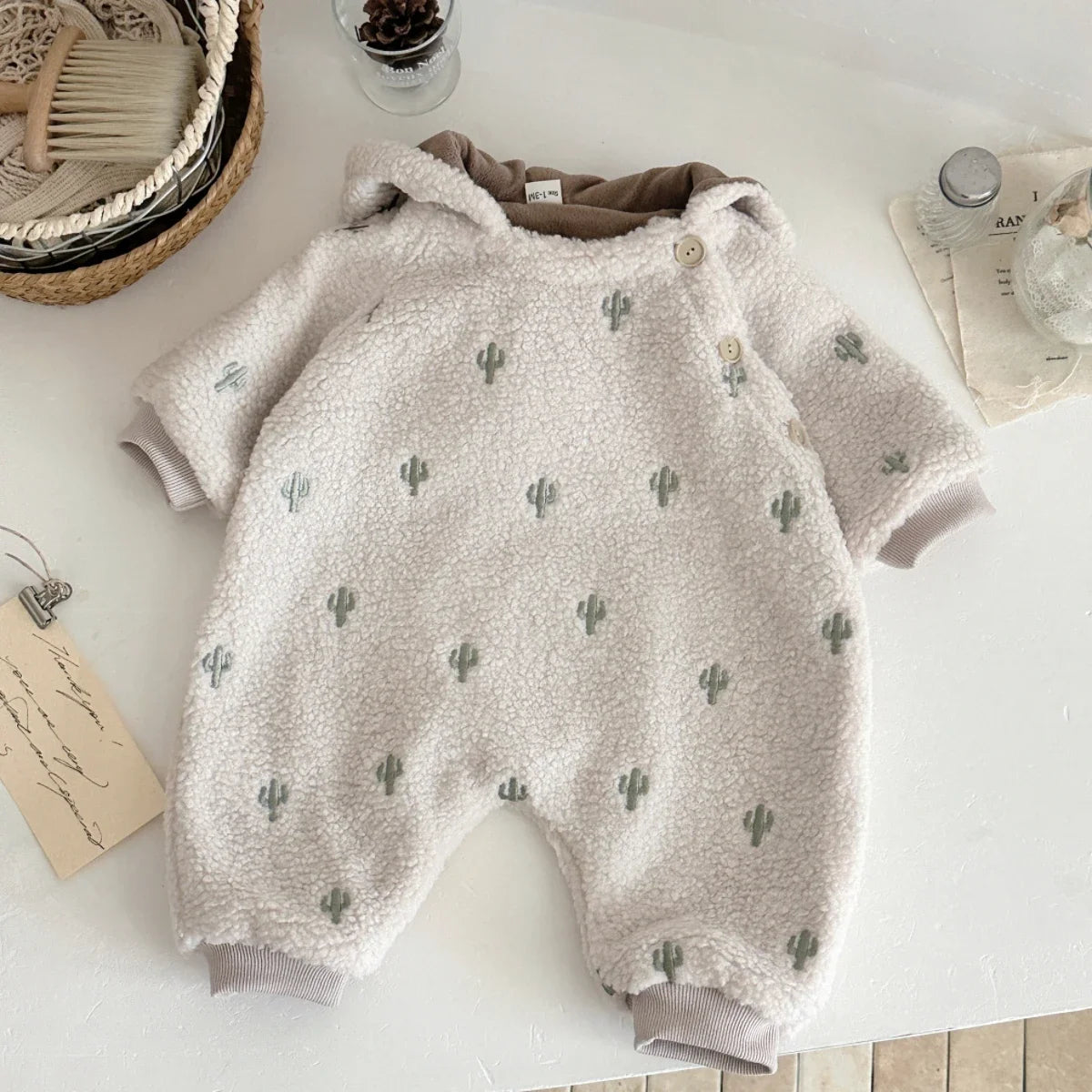 Winter Newborn Infant Baby Romper Cactus Embroidery Button Up Front Rompers Kids Onepiece Soft Fashion Baby Clothing