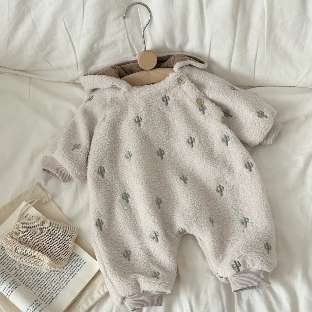 Winter Newborn Infant Baby Romper Cactus Embroidery Button Up Front Rompers Kids Onepiece Soft Fashion Baby Clothing